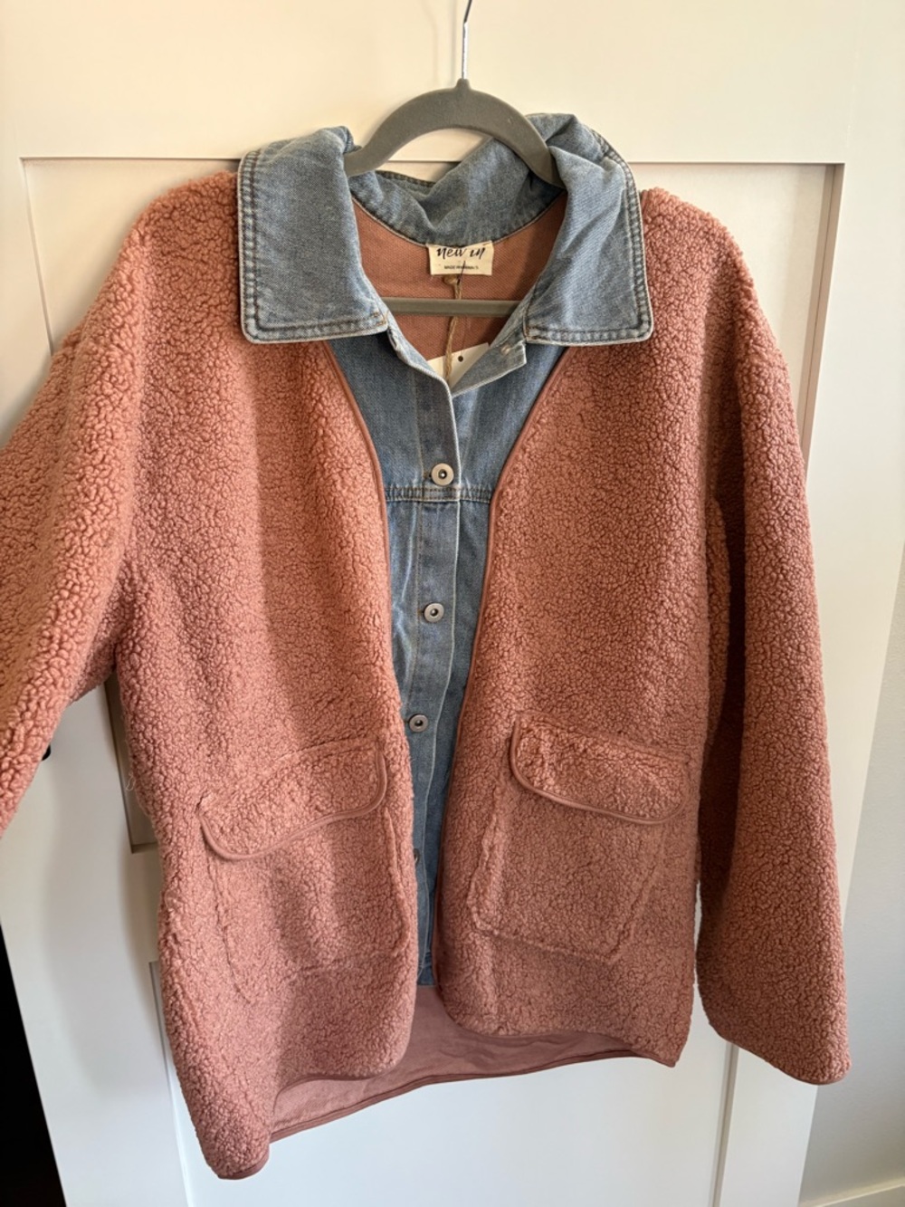 Very J Dusty Rose Teddy + Denim Detail Button Up Shacket Jacket | New with tags! - Picture 6 of 6